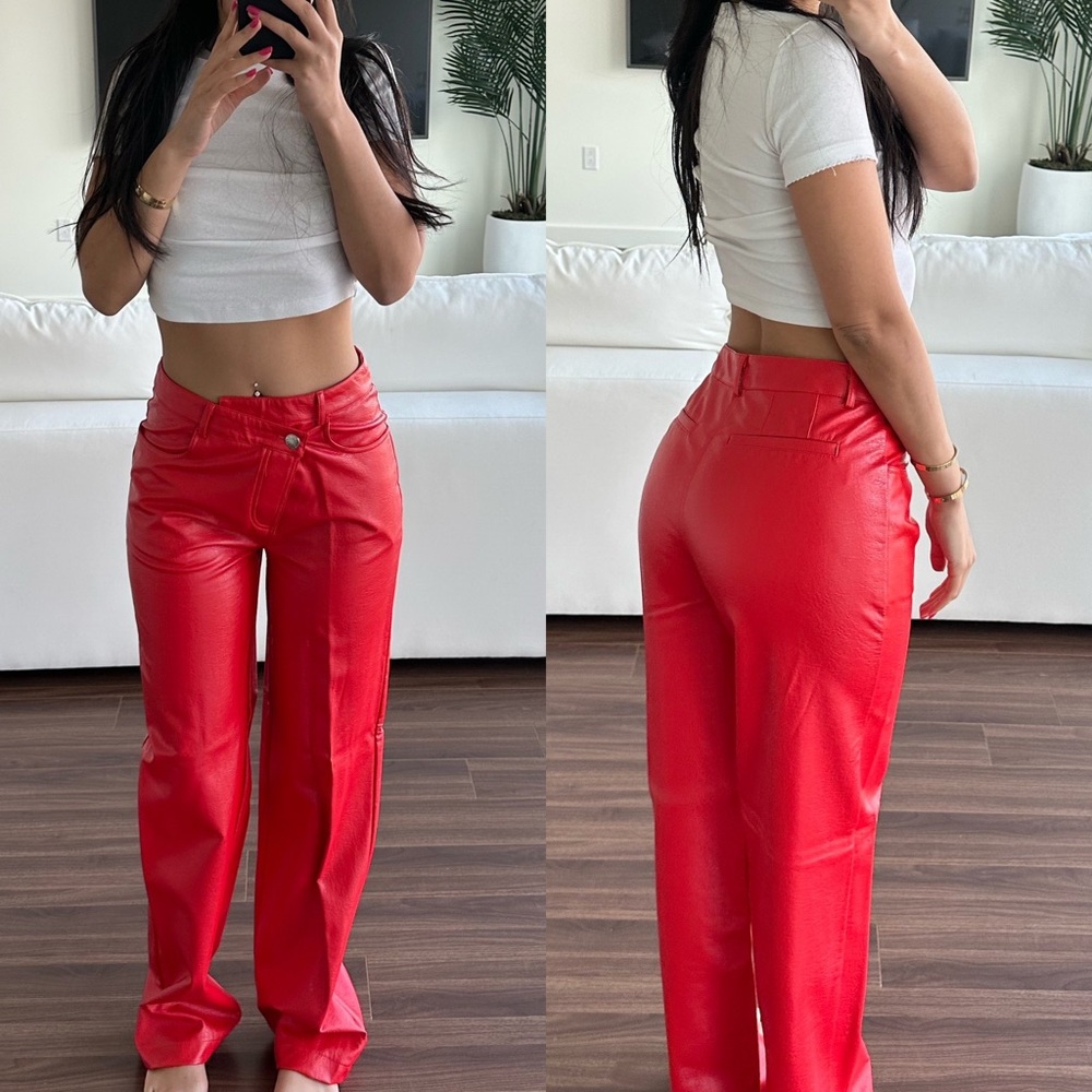 Fashionnova Size Small Red faux leather straight leg pants